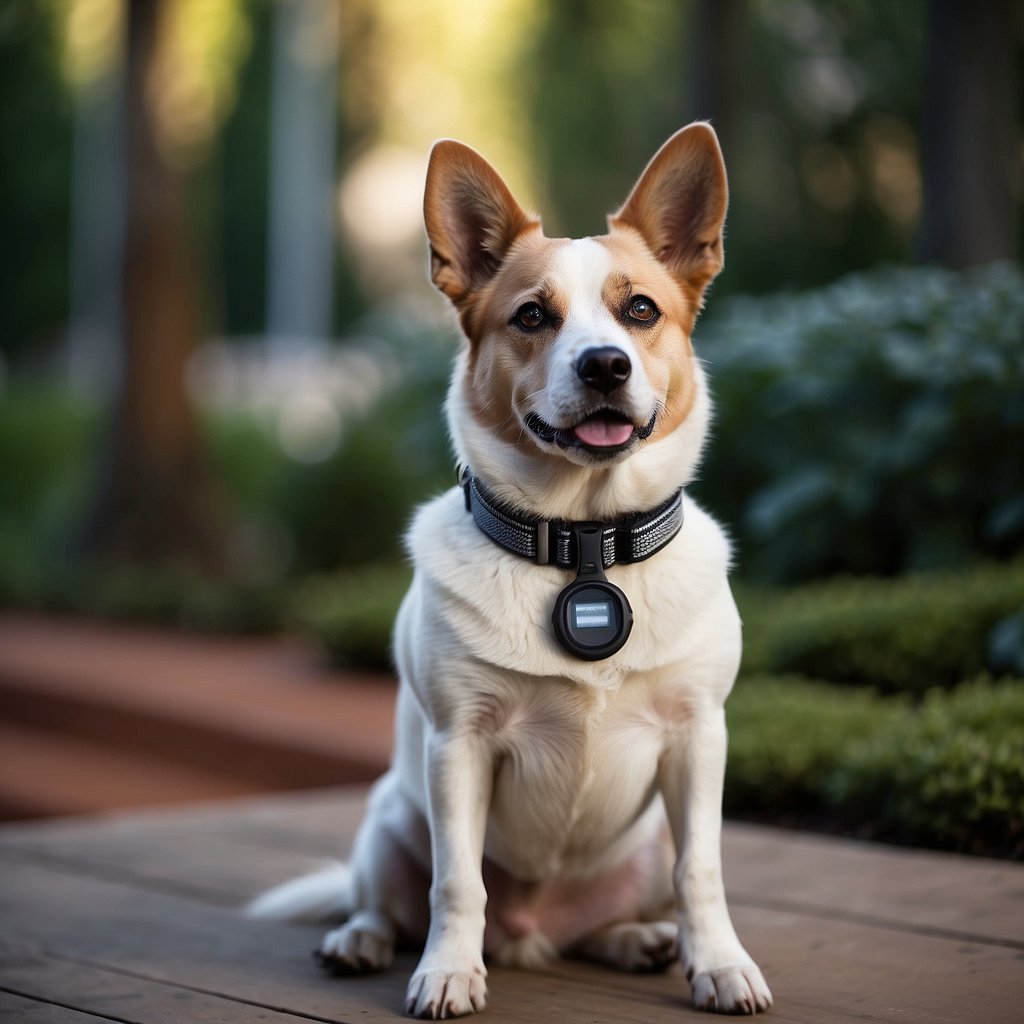 A dog wearing a GPS collar, standing next to various collar options