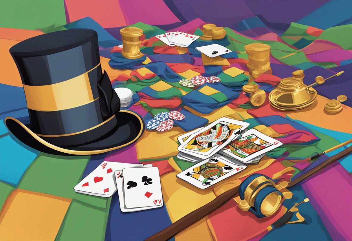 A table covered in a colorful cloth holds a magic tricks kit, with a deck of cards, a top hat, a wand, and various props scattered around