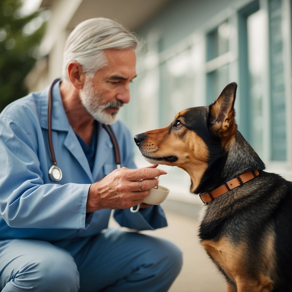 A veterinarian examines a senior dog's behavior and memory loss, while the owner looks on with concern