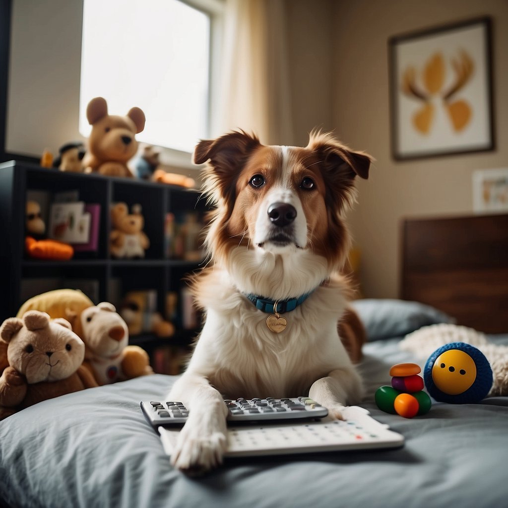 A senior dog rests on a cozy bed, surrounded by familiar toys and a comforting environment. A caregiver gently soothes the dog, while a calendar on the wall displays daily routines and medication schedules