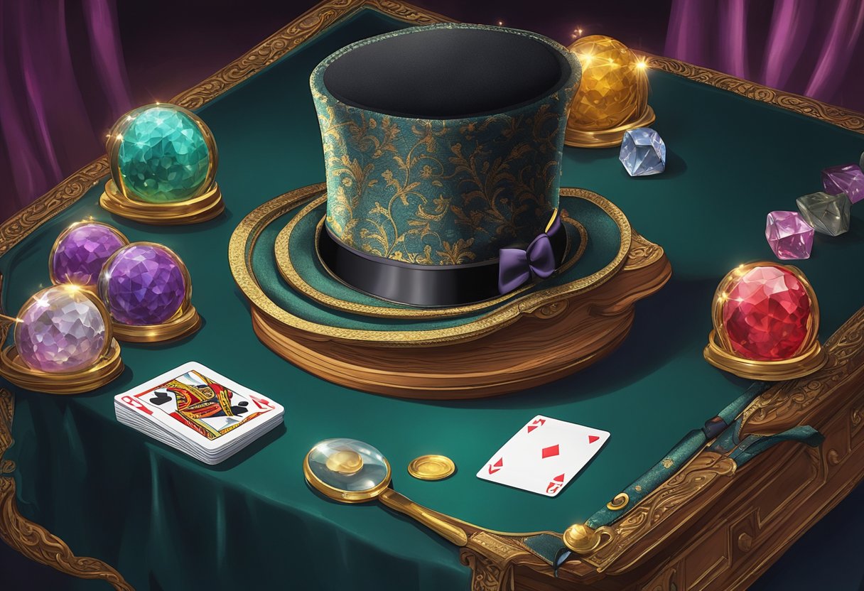 A table covered in a velvet cloth holds a magic performance kit with decks of cards, a top hat, a wand, and a crystal ball