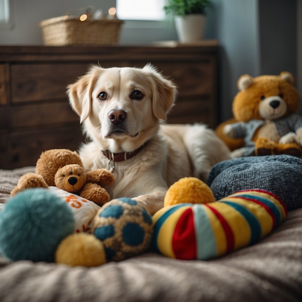 An elderly dog resting on a cozy bed, surrounded by familiar toys and blankets. The dog appears confused and disoriented, staring off into the distance