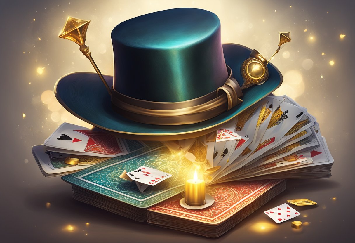 A table adorned with a deck of cards, a top hat, and a wand. A spark of light emanates from the wand, creating an aura of mystery and wonder