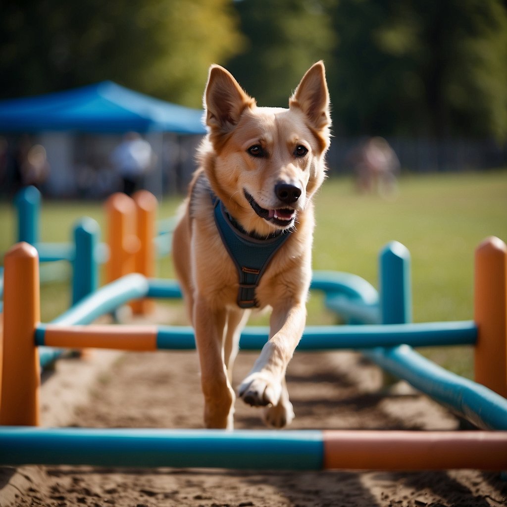A senior dog navigating through an obstacle course, guided by a trainer to depict training and adaptation for canine dementia