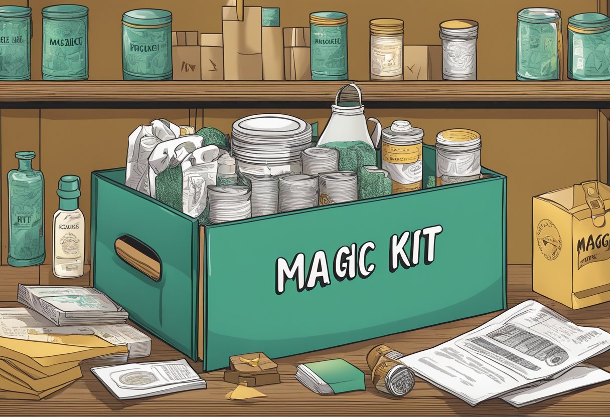 A hand reaches for a box labeled "Magic Kit" on a store shelf. Inside, various props and instructions for performing magic tricks are neatly organized