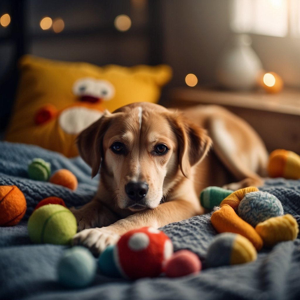 A dog with dementia being comforted by its owner, surrounded by familiar toys and a cozy bed