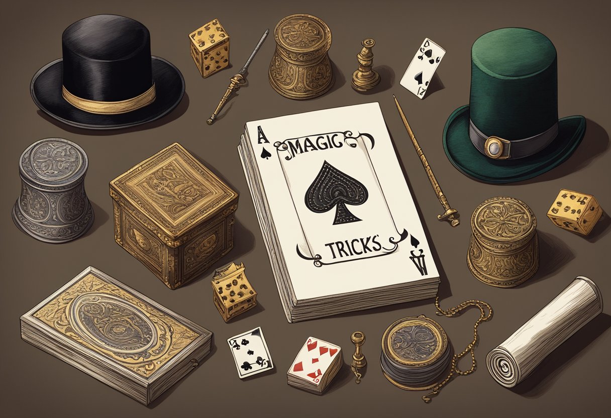 A table covered in a velvet cloth displays a variety of props: a deck of cards, a top hat, a wand, and a mysterious box labeled "Conclusion Magic Tricks Kit."