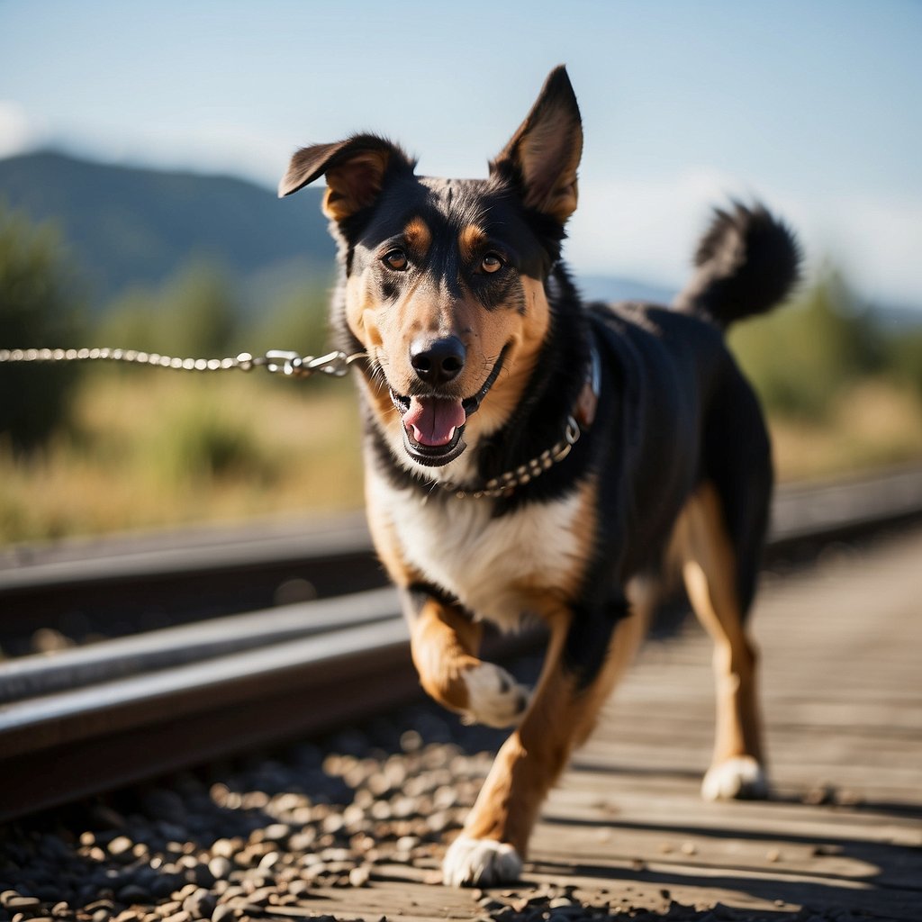 A dog pulls on its leash, barking at a passing train