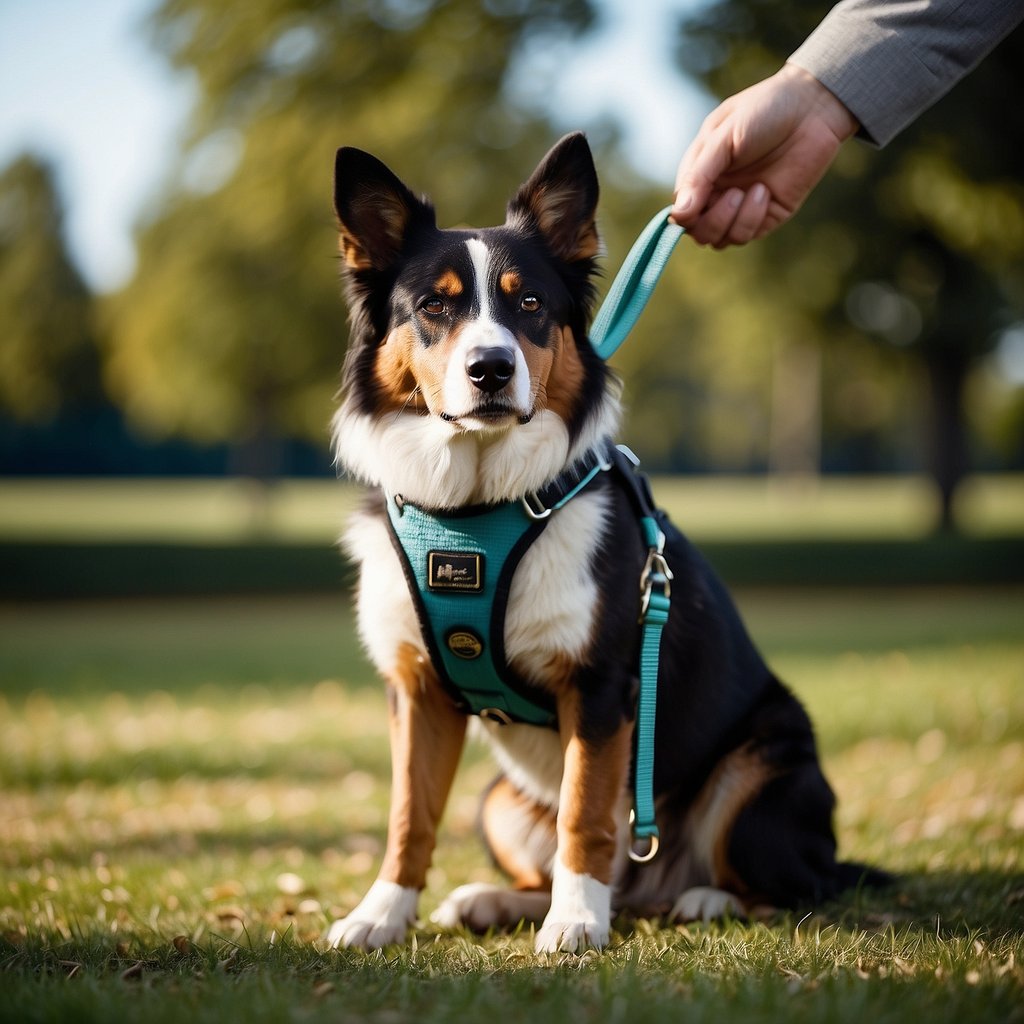 A dog wearing a training harness sits calmly next to its owner, who is holding a leash. The owner is equipped with treats and a clicker, ready to begin leash-reactive training