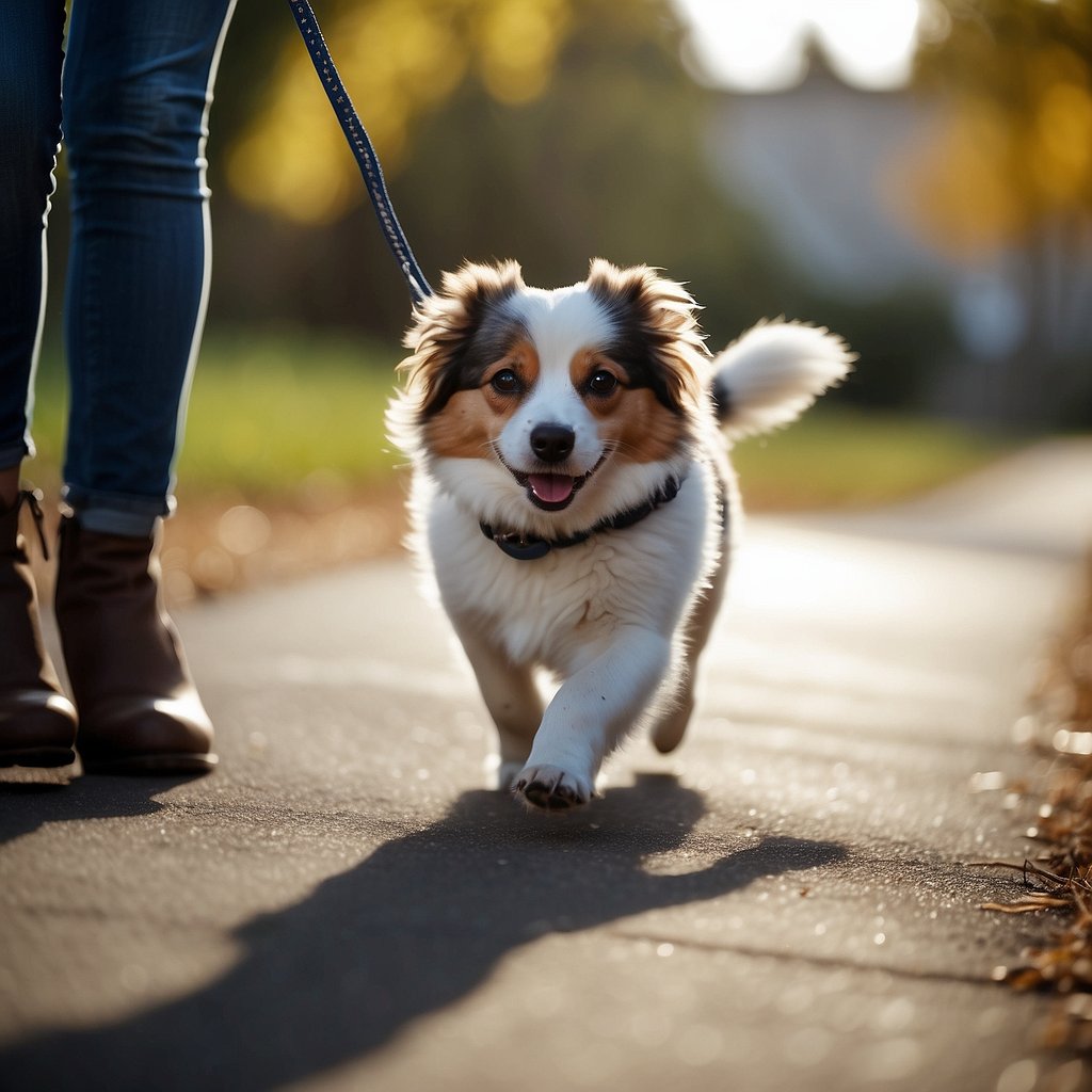 A dog walking calmly on a leash, with a focused and attentive expression, while the owner uses positive reinforcement techniques to manage and reduce leash reactivity