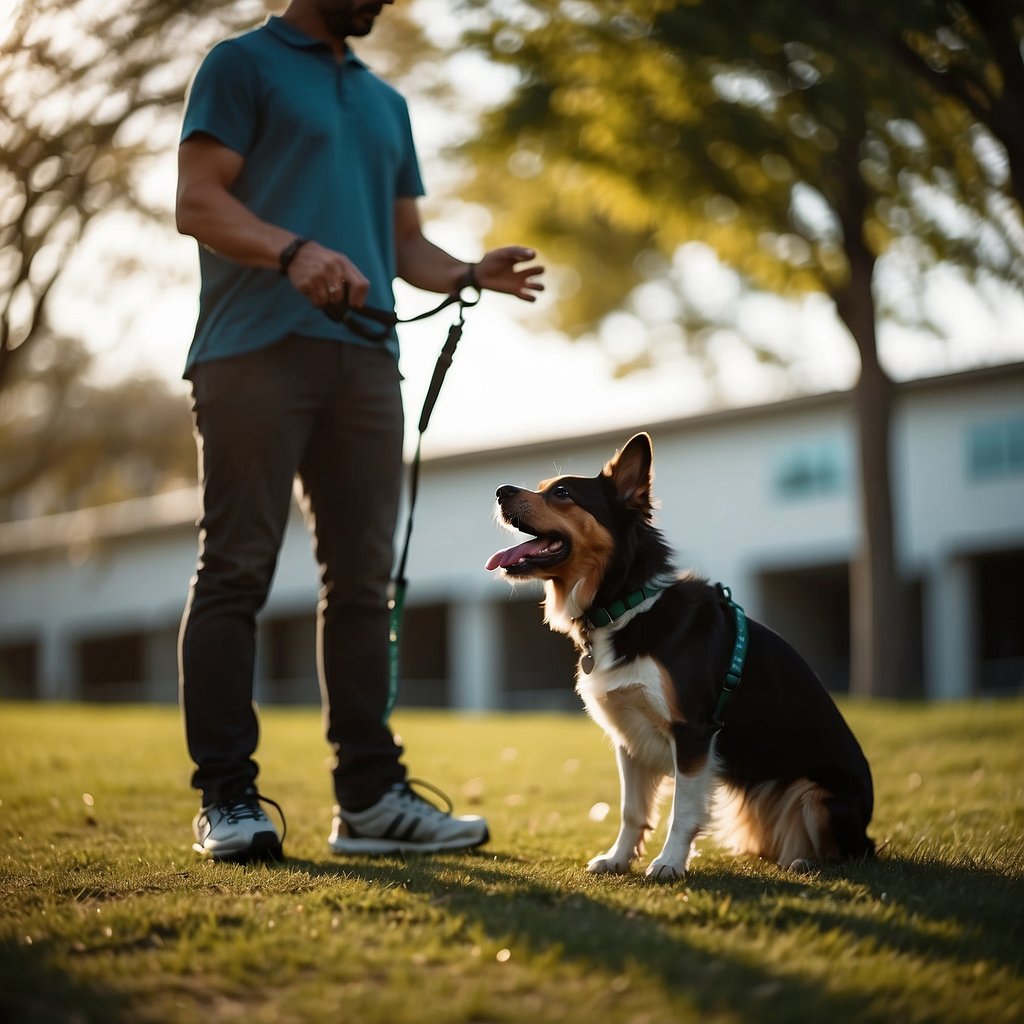 A dog on a leash pulls towards another dog, while a trainer uses advanced strategies to improve its reactivity