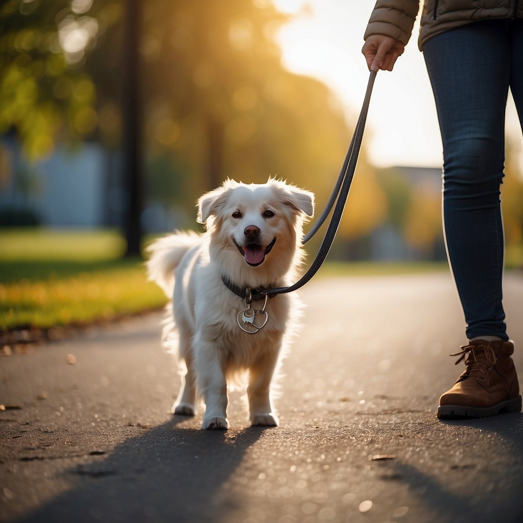 A person holds a leash, guiding a reactive dog on a walk, offering ongoing support and maintenance