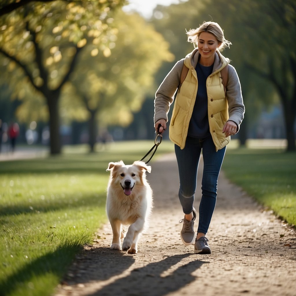 A person and their dog run together in a park, both smiling and energetic. The dog's leash is loose, showing their enjoyment of the activity