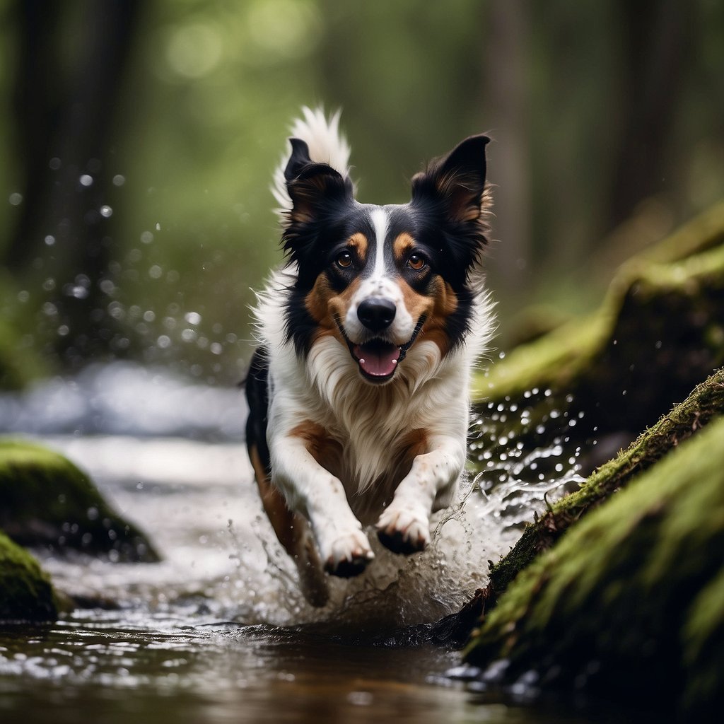A dog running alongside its owner on a forest trail, jumping over fallen logs and splashing through a shallow stream