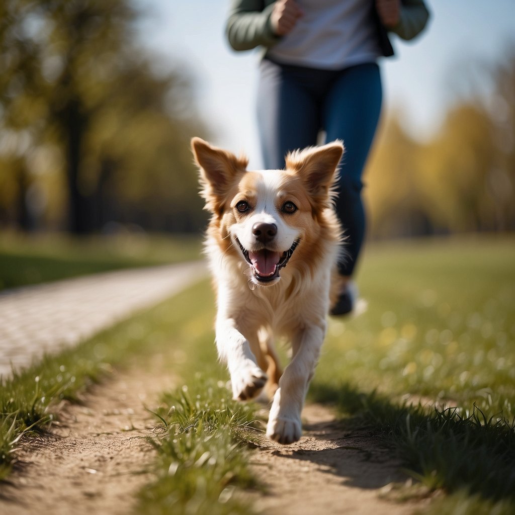 A dog happily running alongside its owner on a sunny day, both enjoying the benefits of regular exercise together