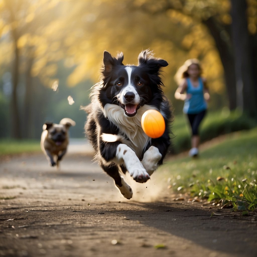 A lively border collie runs alongside a jogger, both with happy expressions. In the background, a pug plays with a toy, while a senior dog takes a leisurely stroll with its owner
