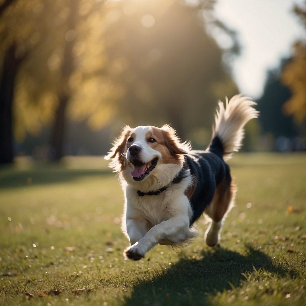 A dog running alongside their owner in a park, both with happy expressions. The dog is chasing a ball, while the owner is encouraging and praising their pet
