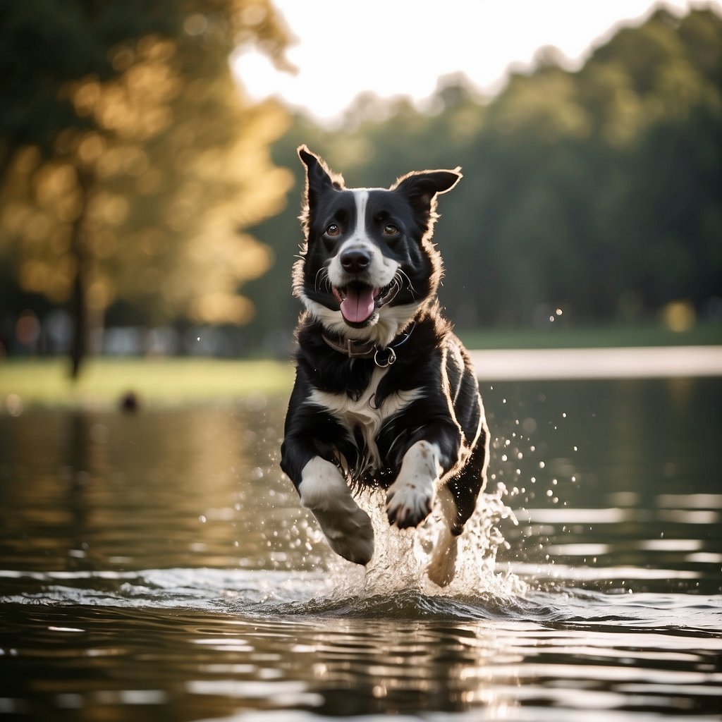 Dogs running, jumping, and playing fetch in a park. A person throwing a ball. Dogs swimming in a lake