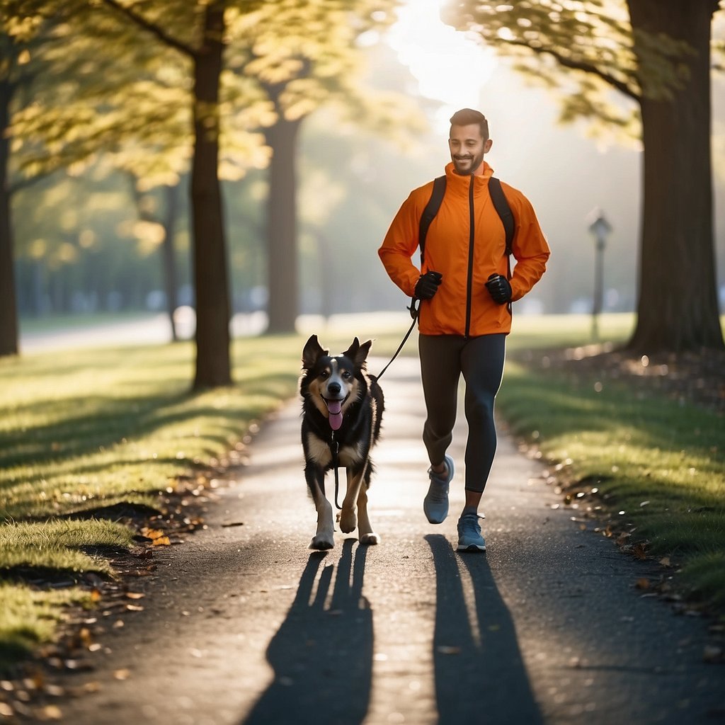 A dog and its owner are jogging together in a park, both wearing reflective gear. The dog is on a leash, and the owner is carrying a water bottle for hydration
