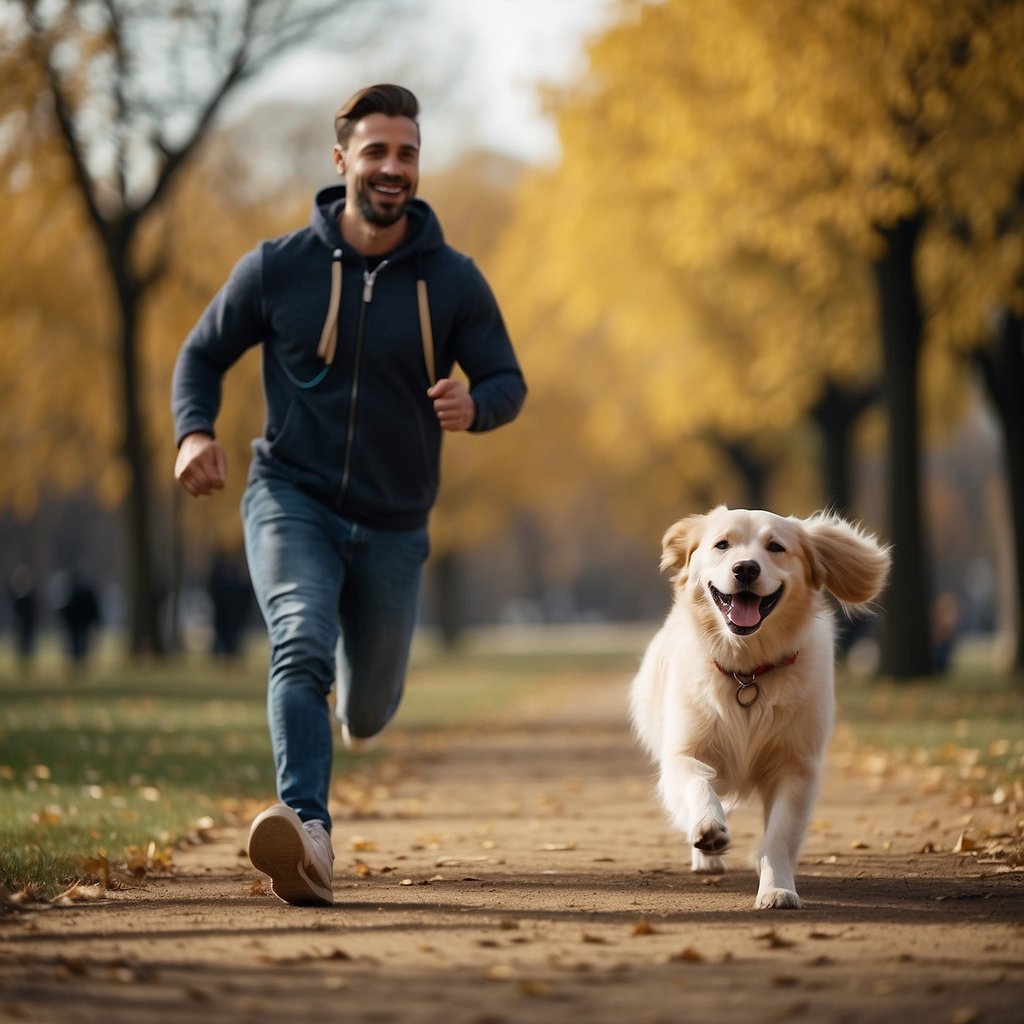 A dog and its owner are running together in a park, both looking happy and energetic. The dog is wagging its tail while the owner is smiling and holding a leash