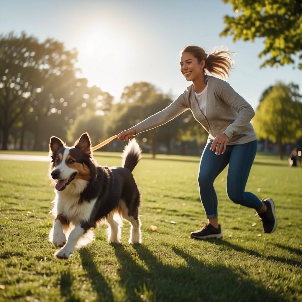 A person and a dog exercising together in a park, running, playing fetch, and doing agility exercises. The sun is shining, and both the person and the dog are smiling and having fun
