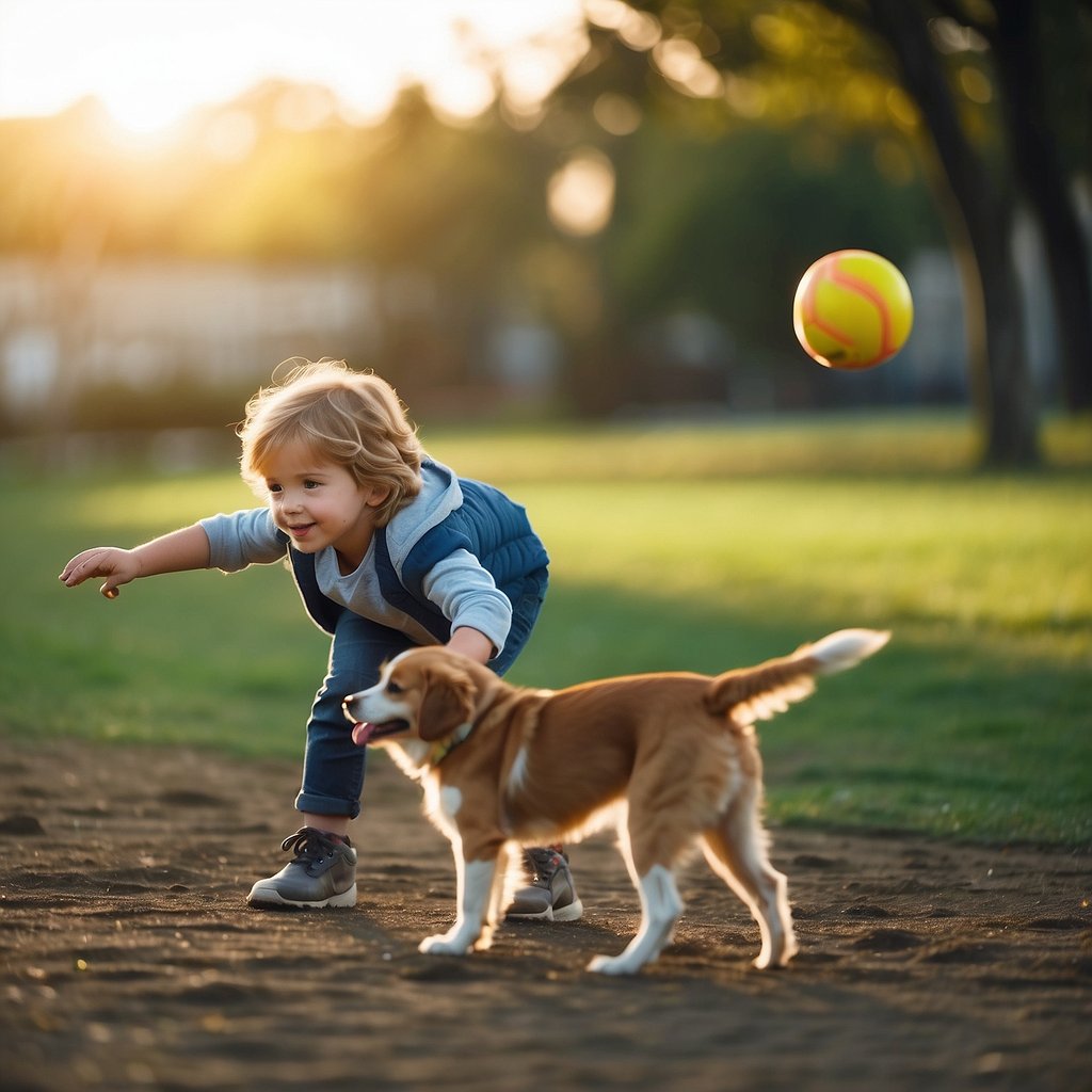 A child throws a ball for the dog to fetch. The dog brings it back and the child rewards it with a treat