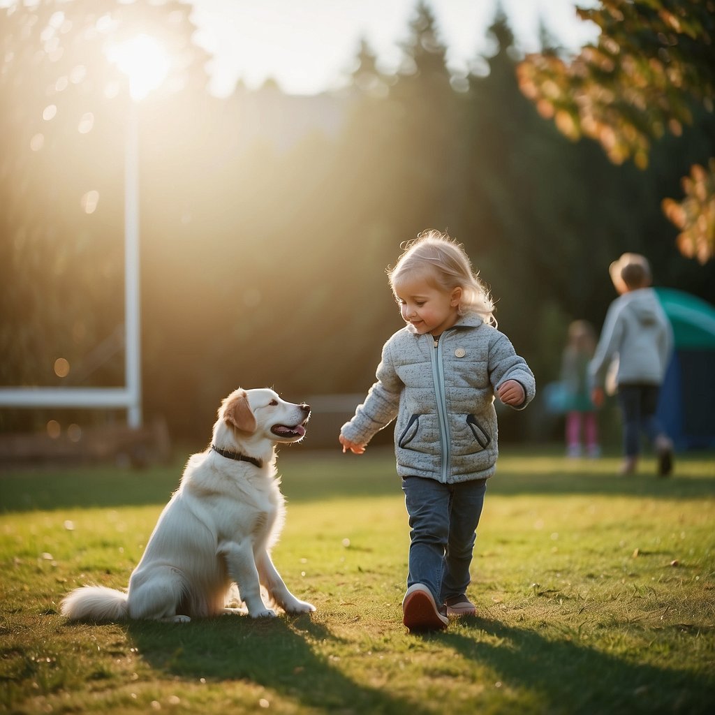Children and dog practicing basic commands in safe play environment