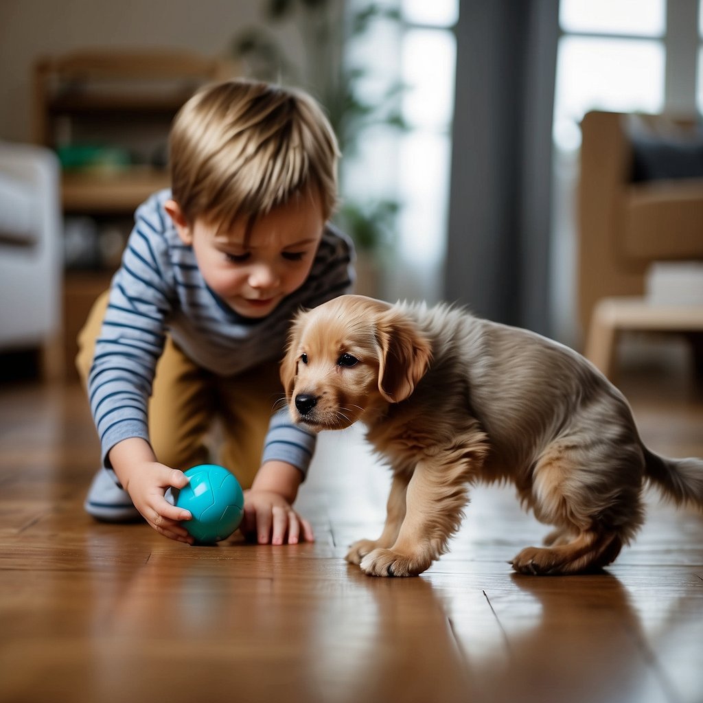 A child gently tosses a toy for the dog, while another child watches and learns. The dog eagerly retrieves the toy and waits for the next throw