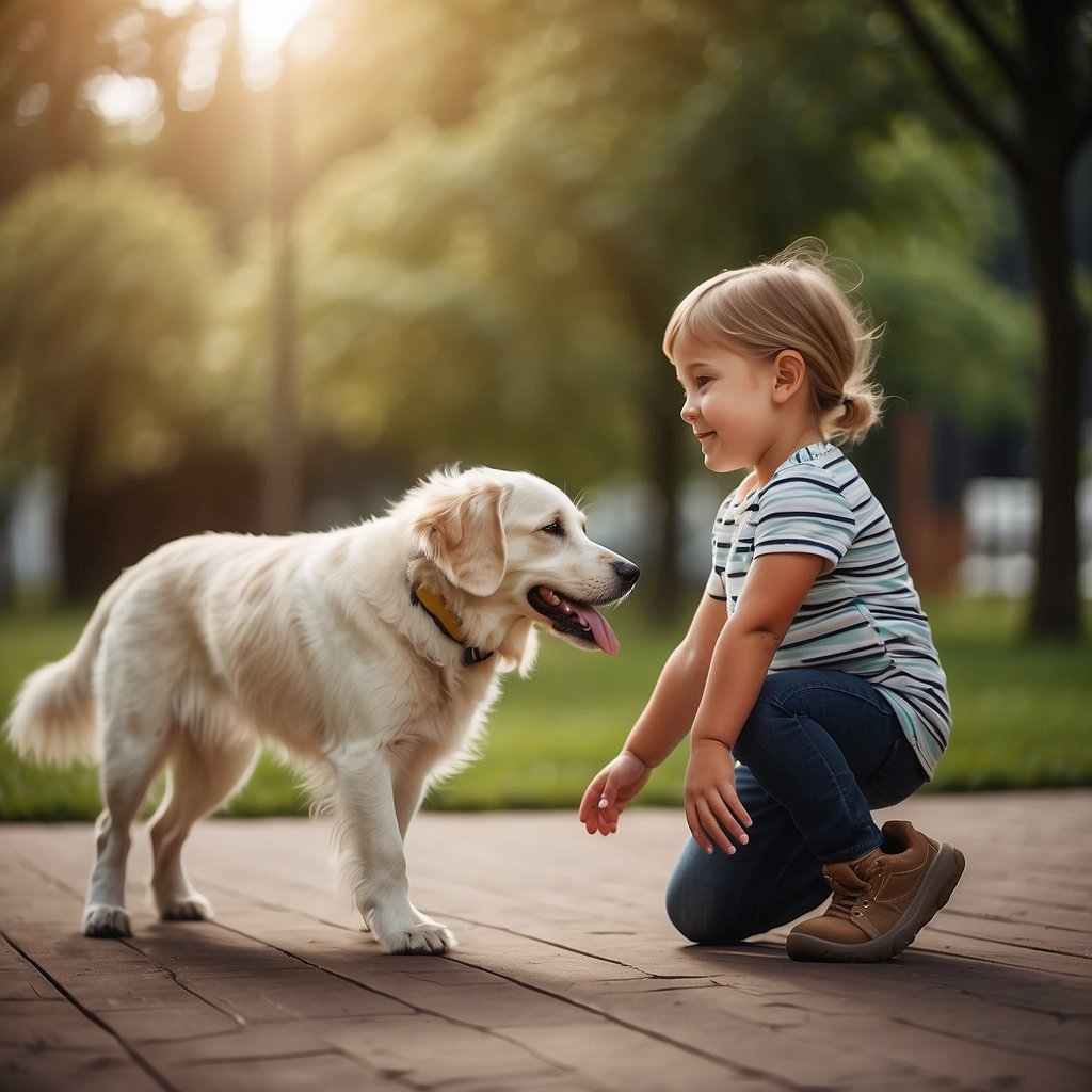 Children and dog engage in safe play, using gentle movements and clear communication. Parents supervise and provide guidance when needed
