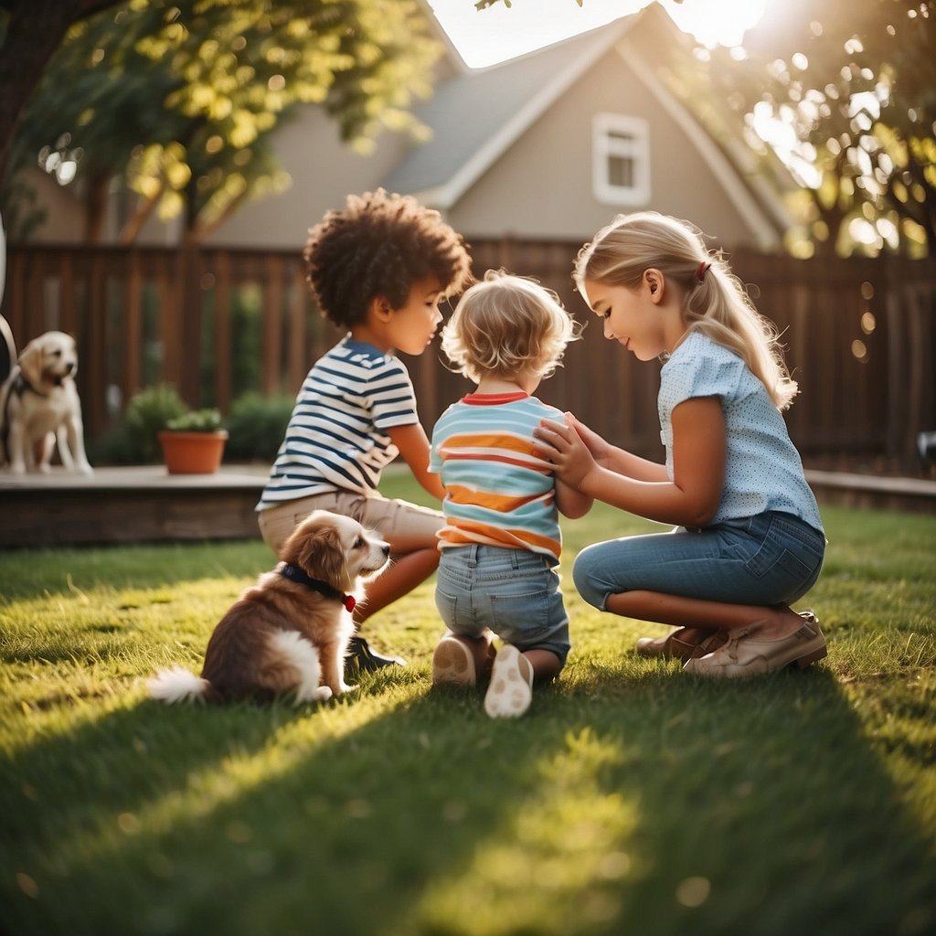 Children and dog in backyard. Kids gently petting and playing with dog. Parent supervising and teaching safety. Trust and responsibility emphasized