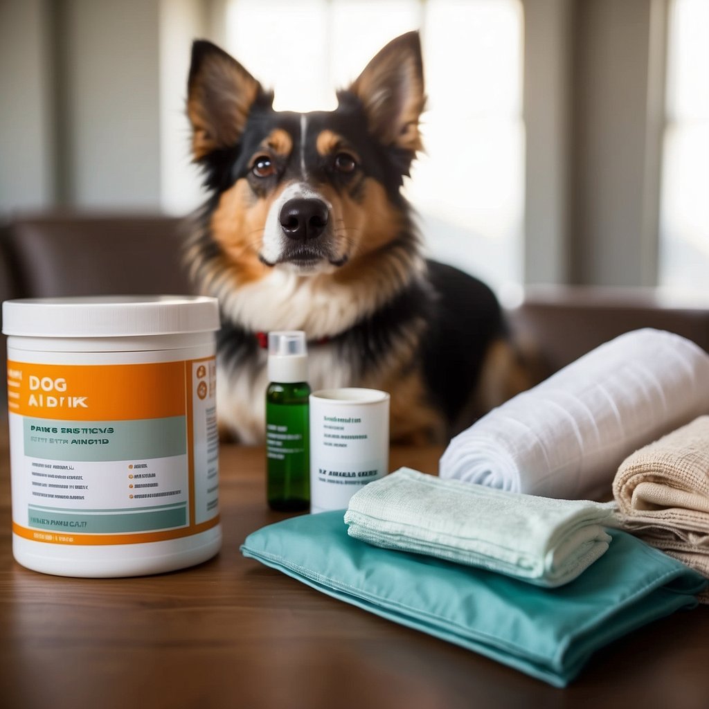 A dog first aid kit is open on a table, with bandages, antiseptic wipes, tweezers, and a pet first aid guide visible