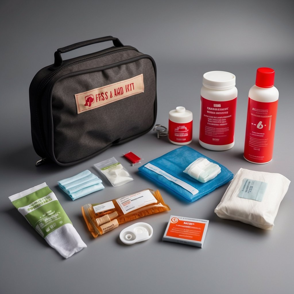 A dog first aid kit is laid out on a clean, flat surface. It includes bandages, antiseptic wipes, gauze, tweezers, and a pet first aid guide