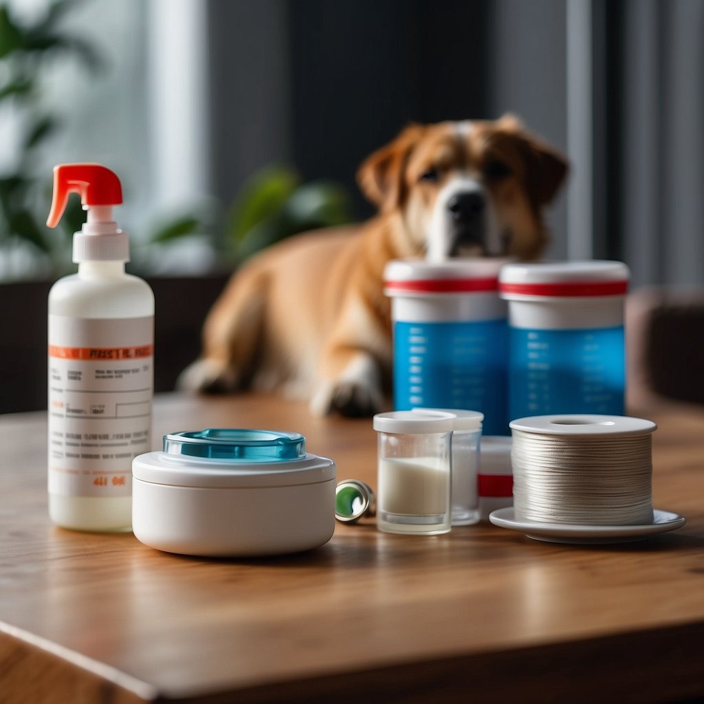 A table with dog first aid items: bandages, antiseptic, tweezers, gauze, and a pet thermometer
