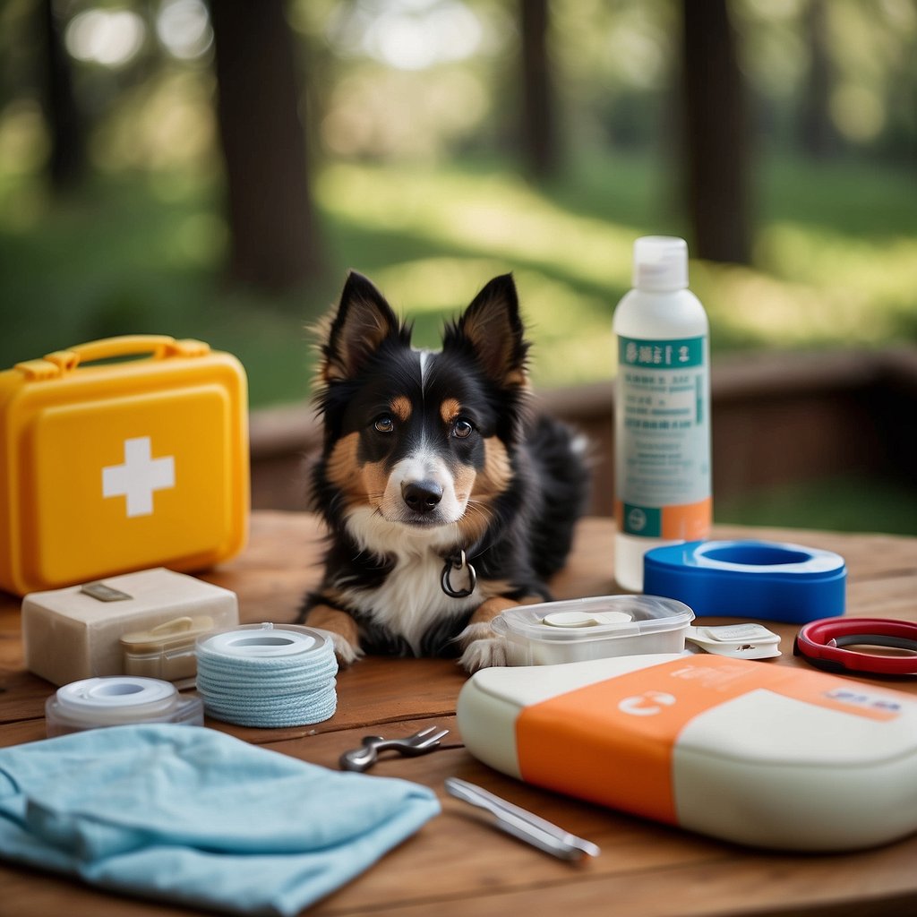 A table with dog first aid items: bandages, antiseptic, tweezers, scissors, and a pet first aid guide
