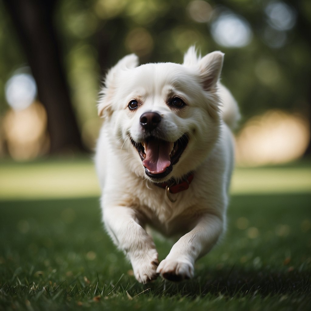 A dog happily running through a green park, playing fetch with its owner, and socializing with other dogs