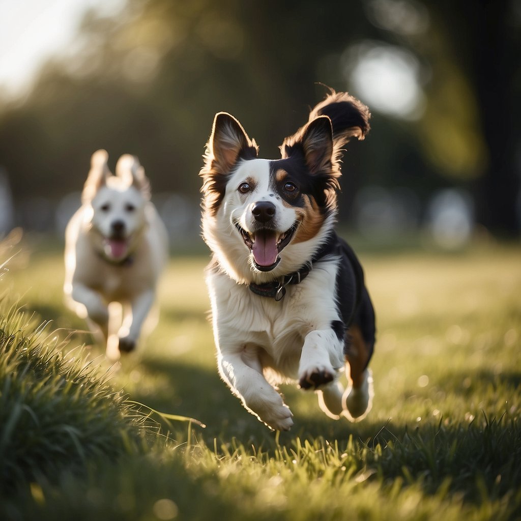 Dogs running through a grassy park, jumping over low obstacles, and playing with other dogs