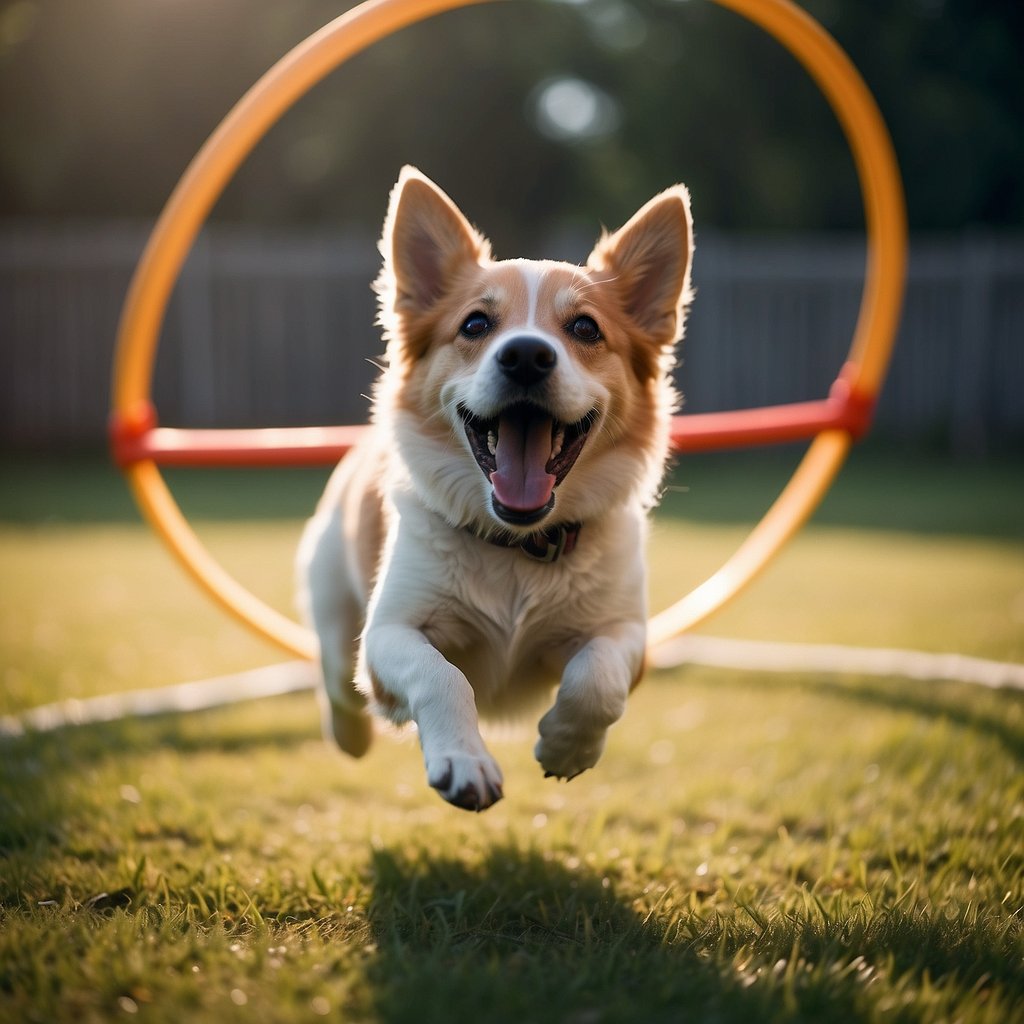 Dogs playing with frisbees, jumping through hoops, and running through an agility course in a backyard