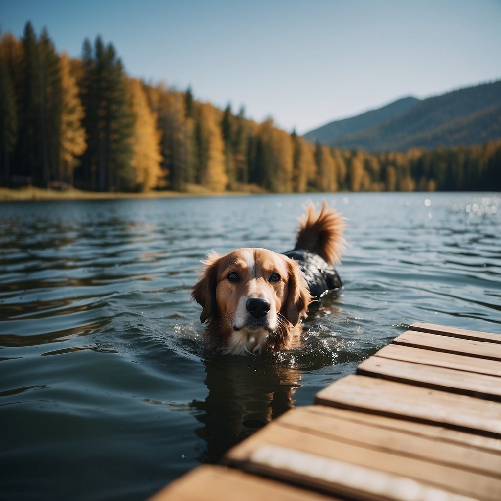 Dogs swimming, fetching, and playing in a lake with a dock and a bright blue sky
