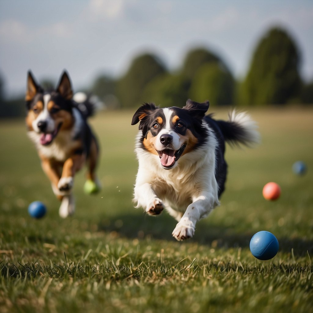 Dogs running, jumping, and playing in a wide open field with agility equipment, frisbees, and balls scattered around