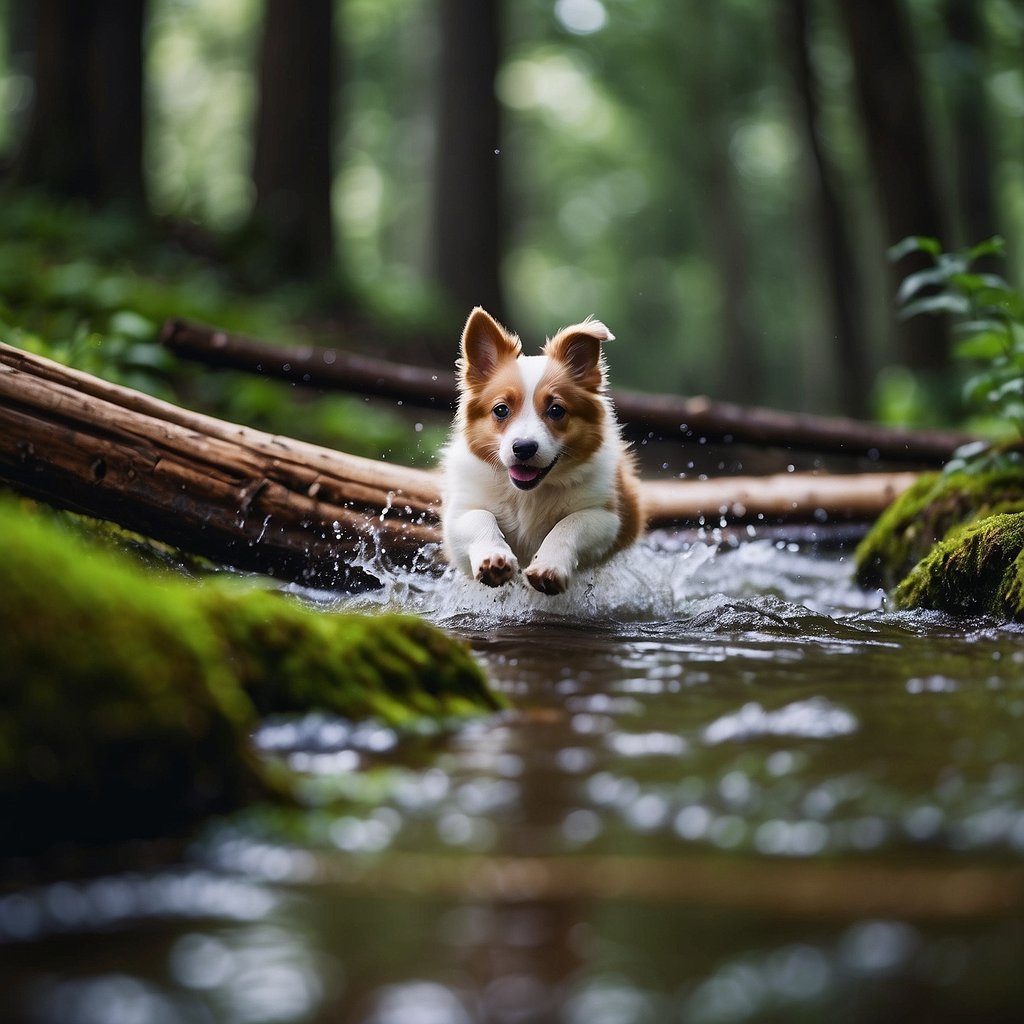 Dogs running through a lush forest, jumping over fallen logs, and splashing in a crystal-clear stream