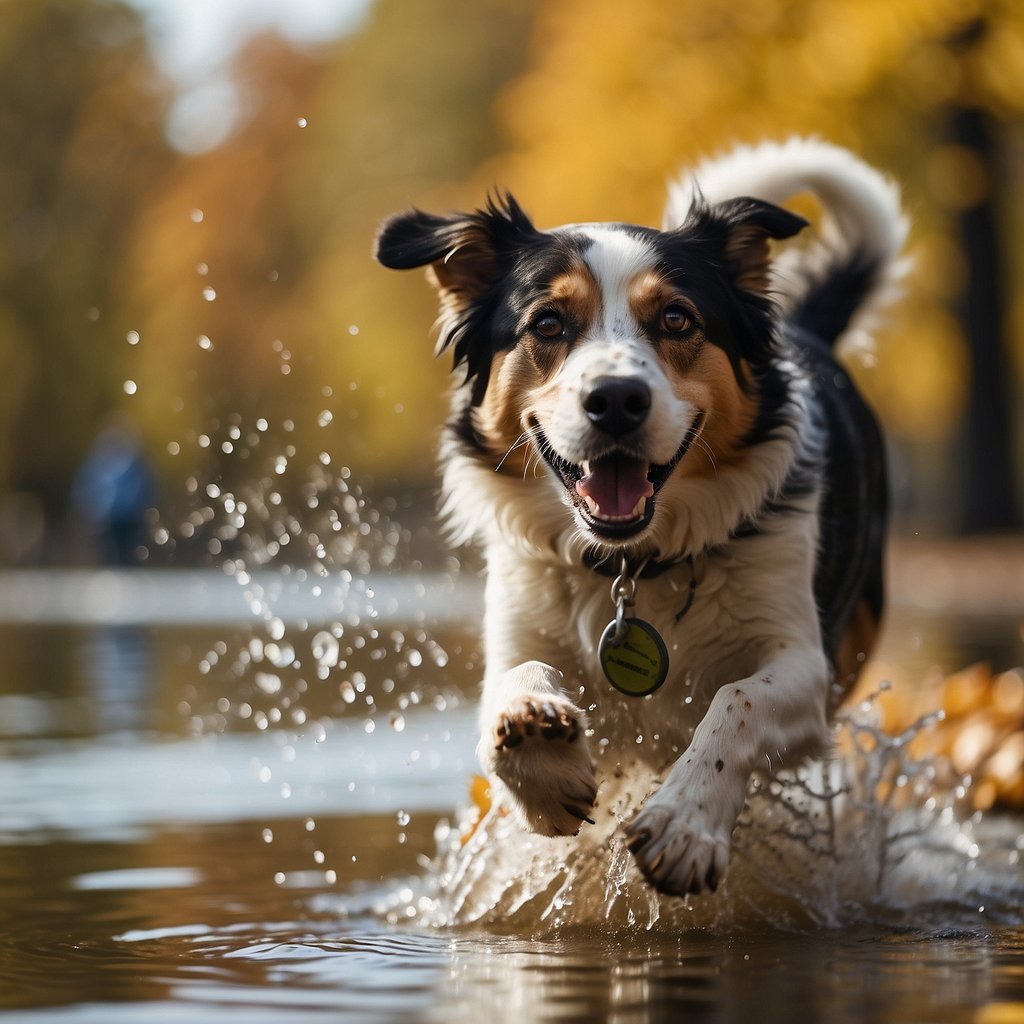 Dogs playing in a park with autumn leaves, some chasing a frisbee, others running through an agility course, and a few splashing in a shallow stream