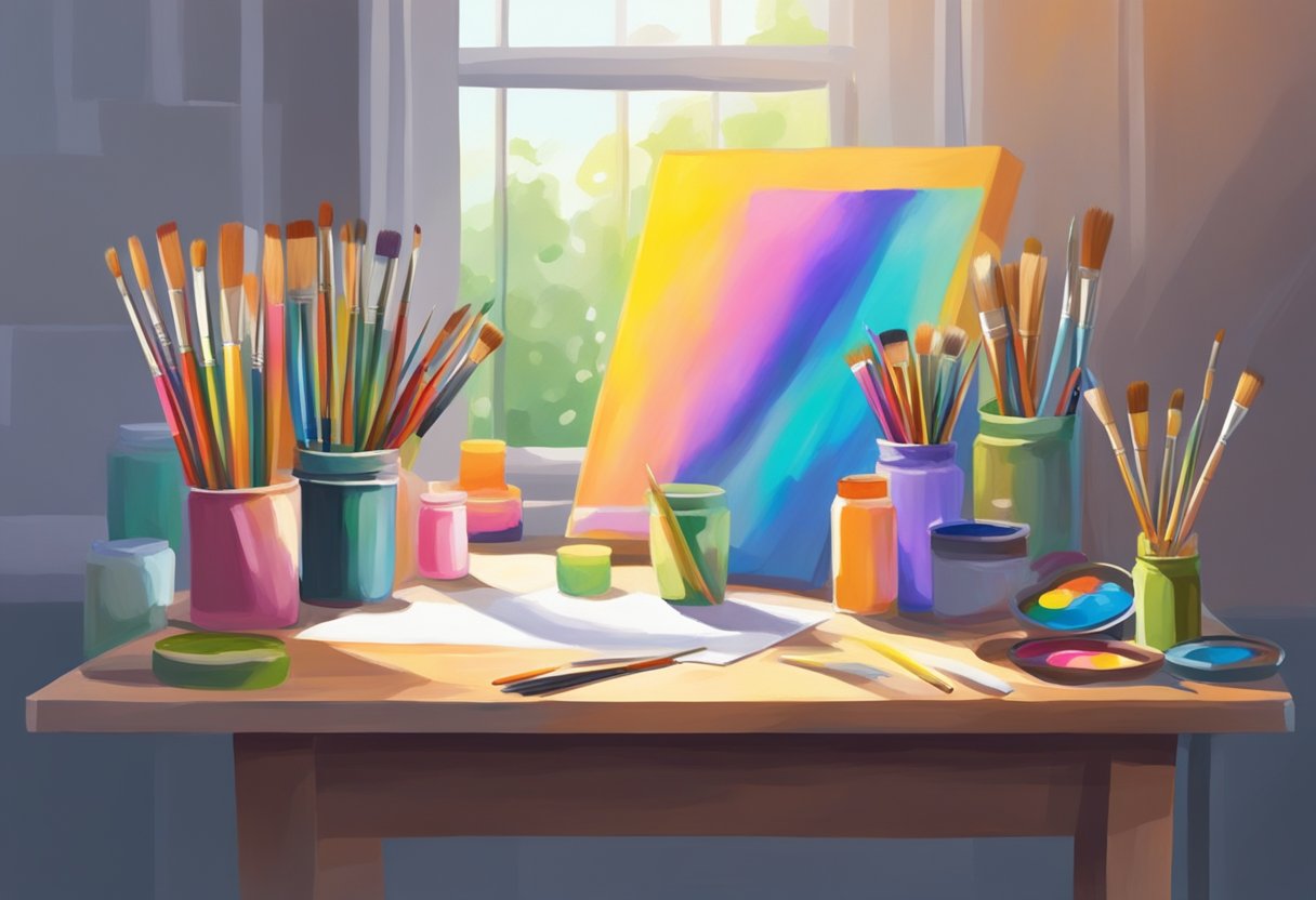 A table with tubes of acrylic paint, paintbrushes, palette, and canvas. Light shines on the colorful supplies in a well-lit room