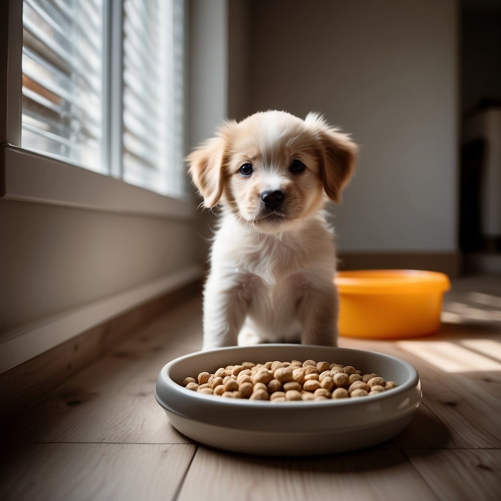A blind puppy stands near a raised food and water bowl, with textured flooring and toys for sensory stimulation