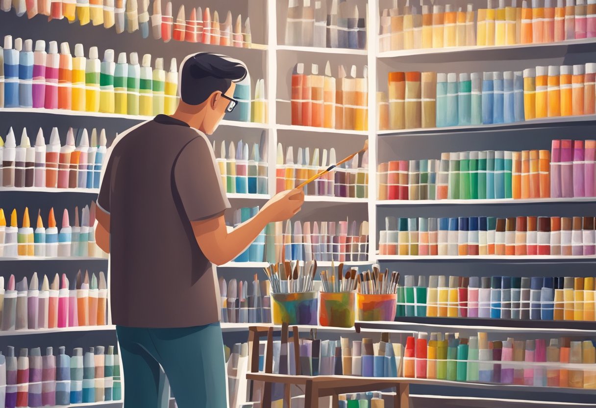 An artist carefully chooses acrylic paint tubes and brushes from a shelf in a well-lit art supply store