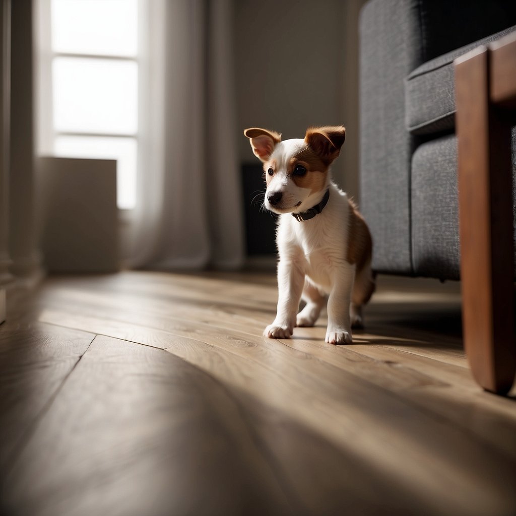 A blind puppy navigates a room using its sense of smell and touch, bumping into furniture and then finding its way around using its other senses