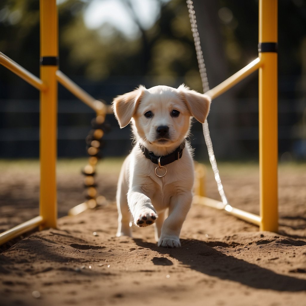A blind puppy follows a guide dog through an obstacle course, learning to navigate using touch and sound. Other puppies play and socialize nearby