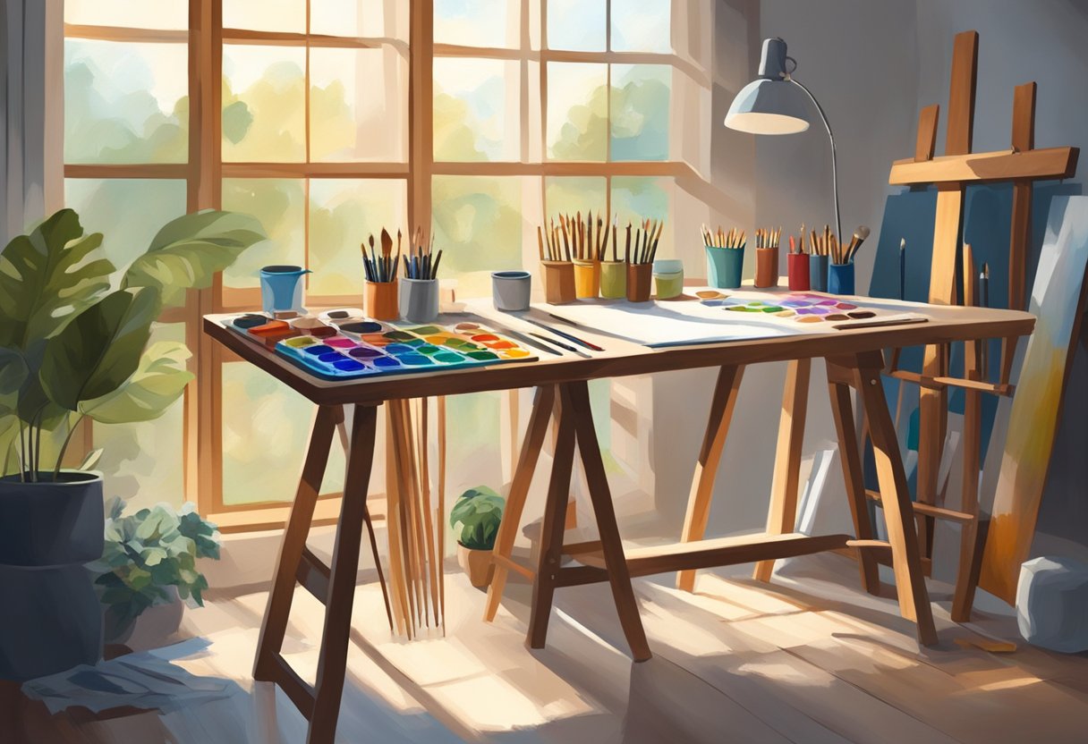 A table with acrylic paint tubes, brushes, palette, and canvas. Natural light illuminates the workspace. A stool and easel are positioned for comfort and accessibility