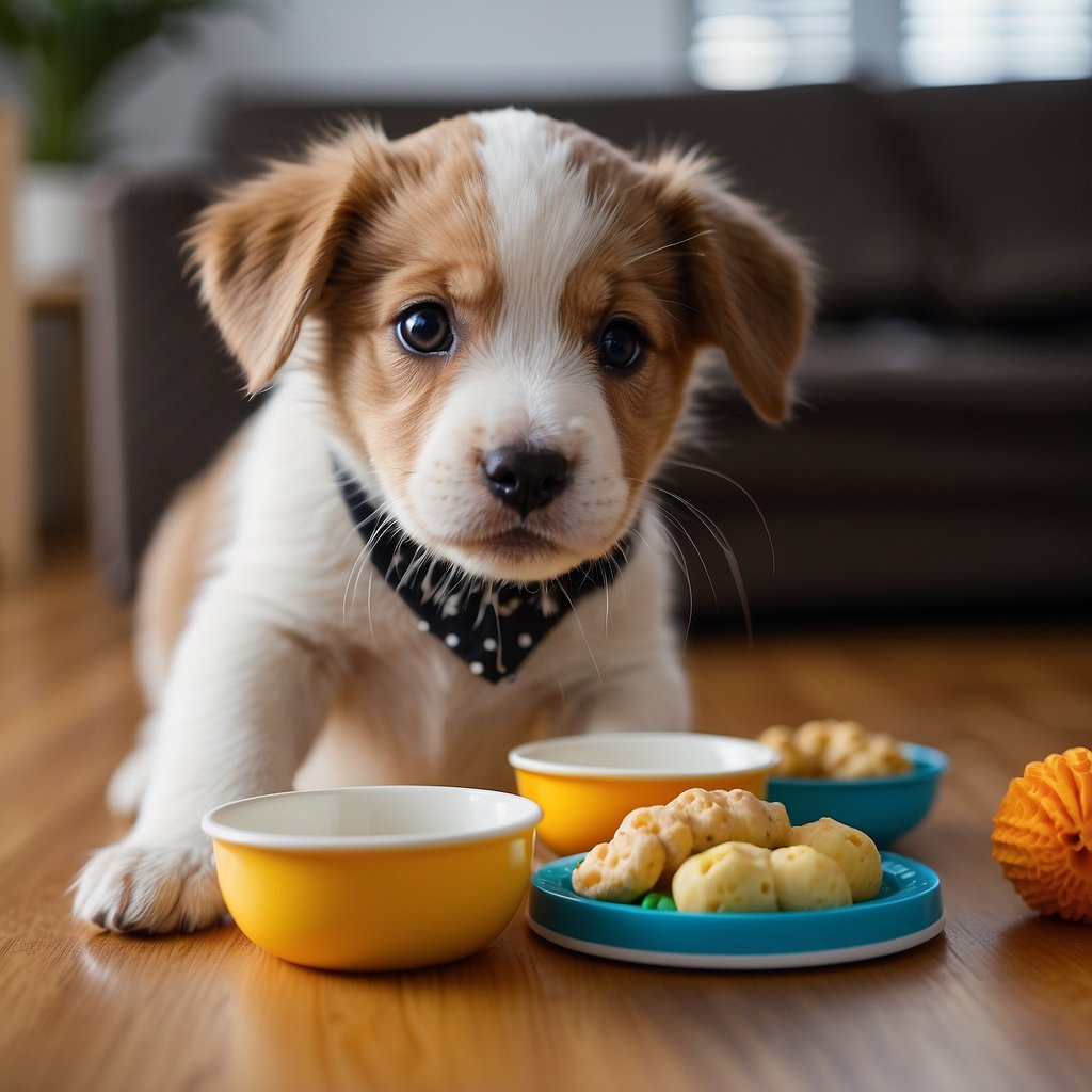 A blind puppy sniffs and explores a variety of textured toys and food dishes, guided by the sound of a caregiver's voice