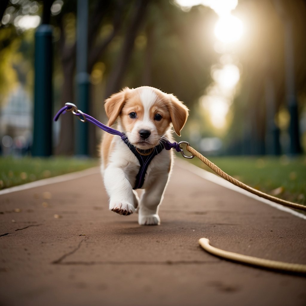 A blind puppy follows a guide rope through a park, passing by various obstacles and learning to navigate with confidence