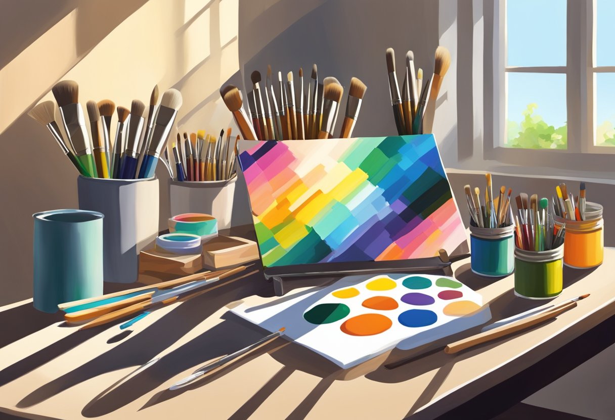 A table with various acrylic painting supplies: brushes, palette, easel, canvas, and tubes of paint. Light shines on the tools, creating shadows